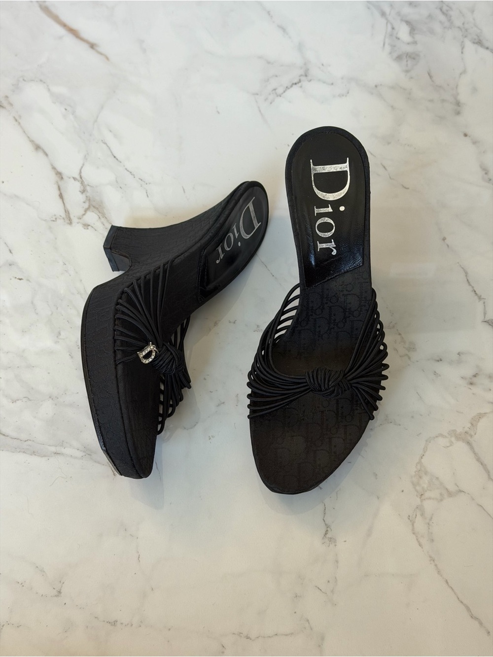 Rare Vintage Dior Galliano Black Knotted Strappy Monogram D Charm Wedge Heels